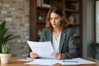 Jeune femme examine des documents de location dans un appartement moderne