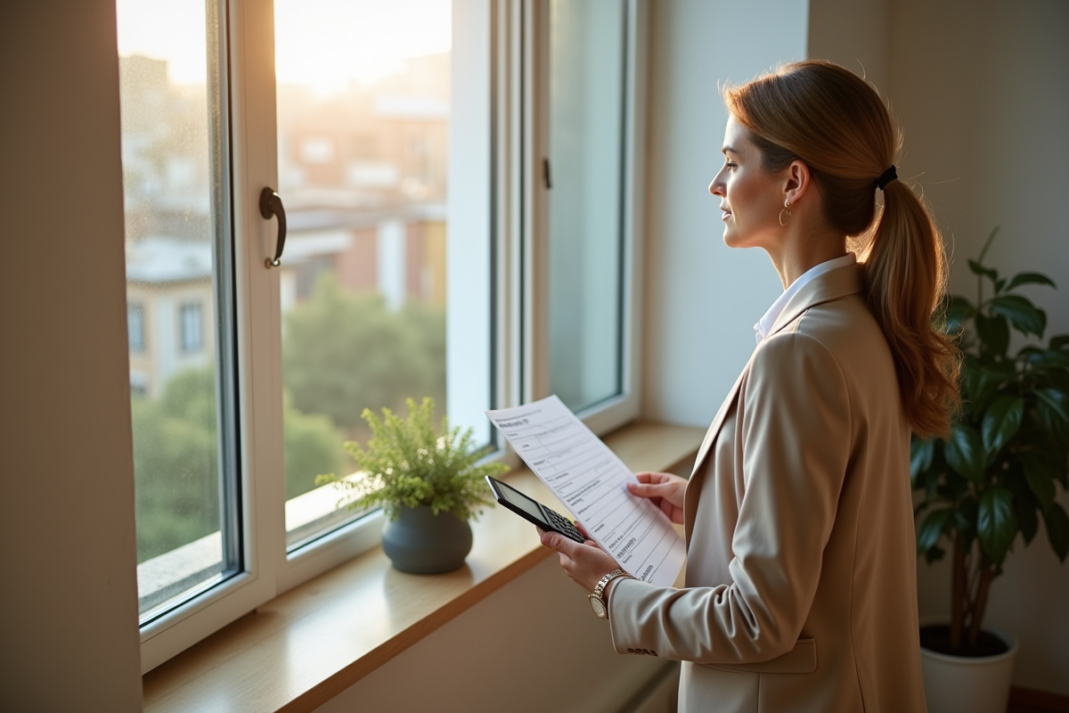 Femme regarde par la fenêtre avec un document fiscal