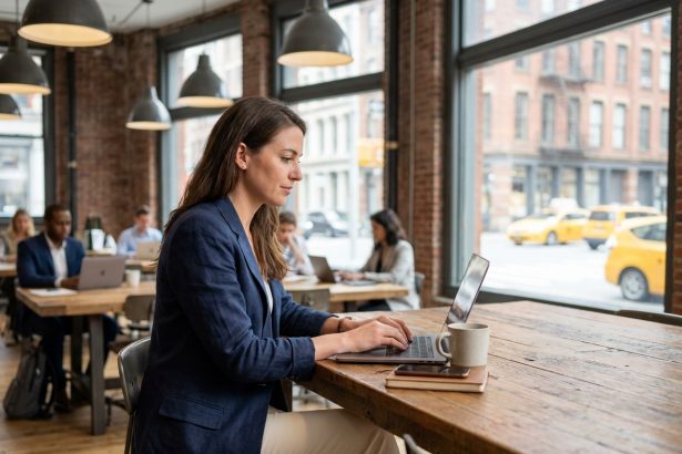 Femme travaillant dans un espace de coworking urbain avec des bureaux partagés en bois et des murs en briques apparentes