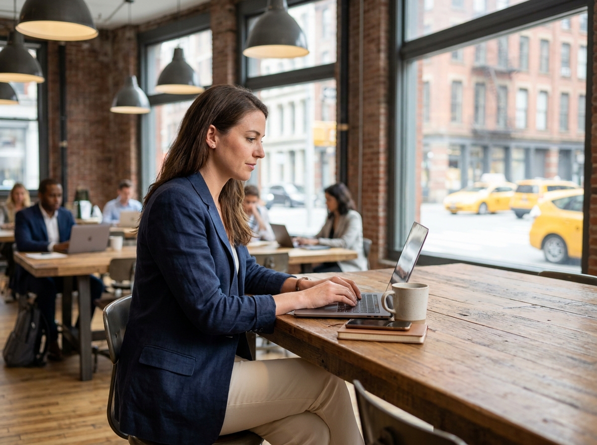Femme travaillant dans un espace de coworking urbain avec des bureaux partagés en bois et des murs en briques apparentes
