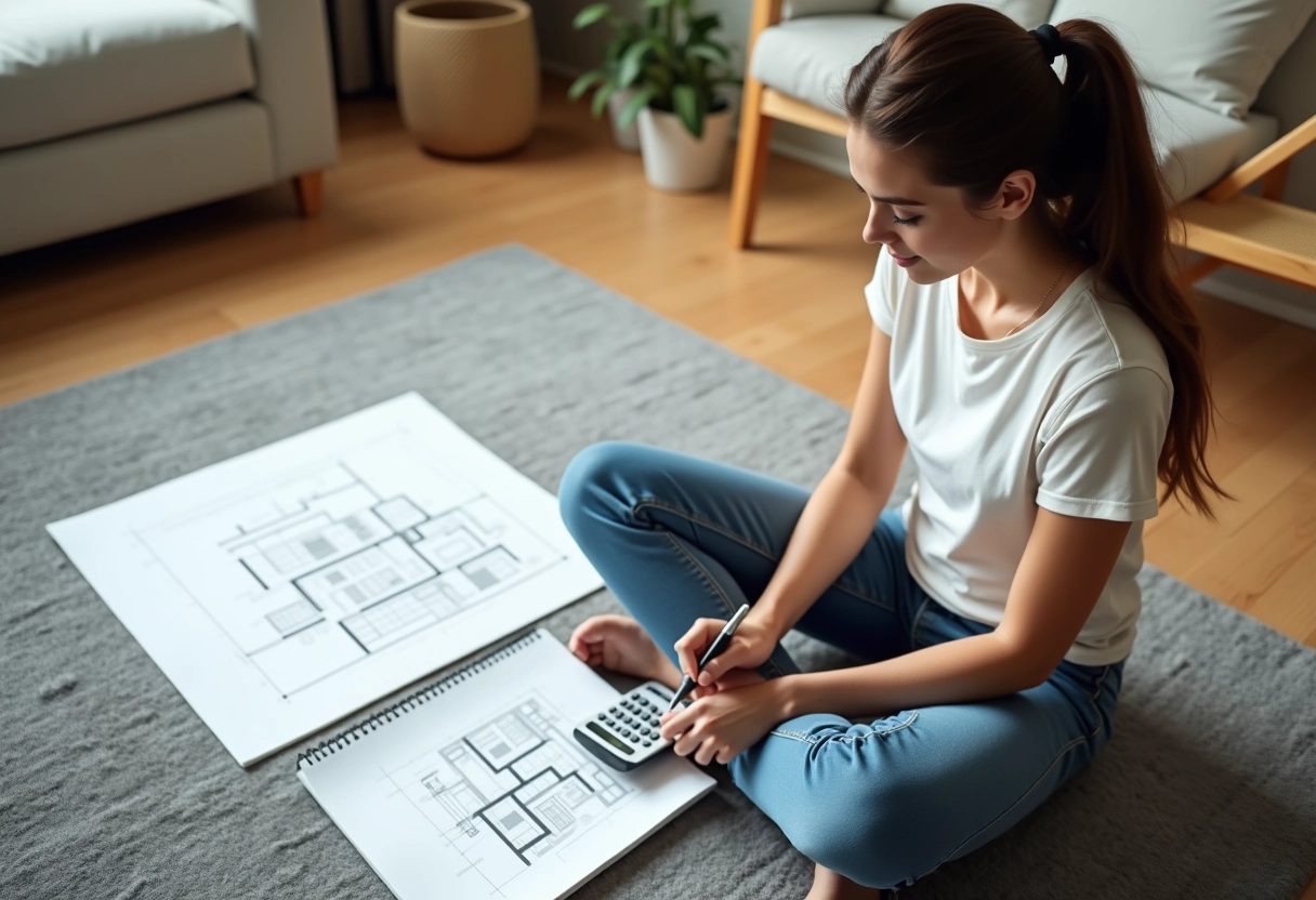 Jeune femme dessinant un plan dans un salon cosy