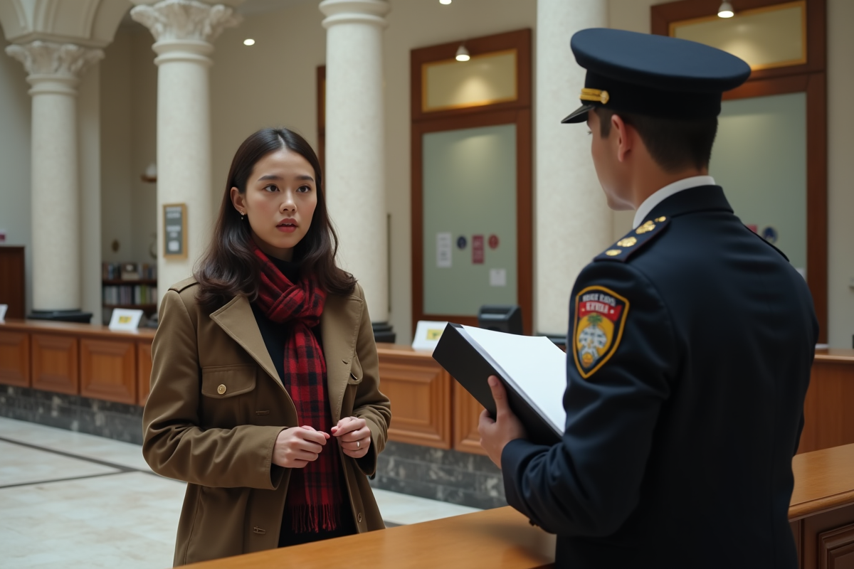Jeune femme parlant avec un officiel dans un bâtiment administratif