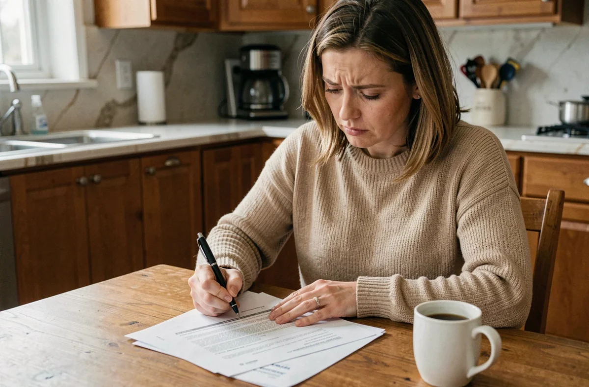 Femme révisant les documents d'assurance habitation à la table de cuisine, calculant le coût de son contrat