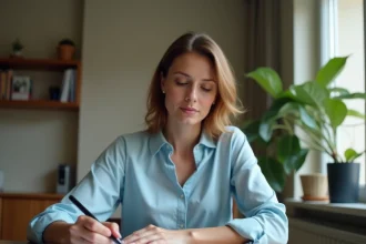 Jeune femme révisant les documents nécessaires pour une location avec garant à son bureau dans un appartement moderne