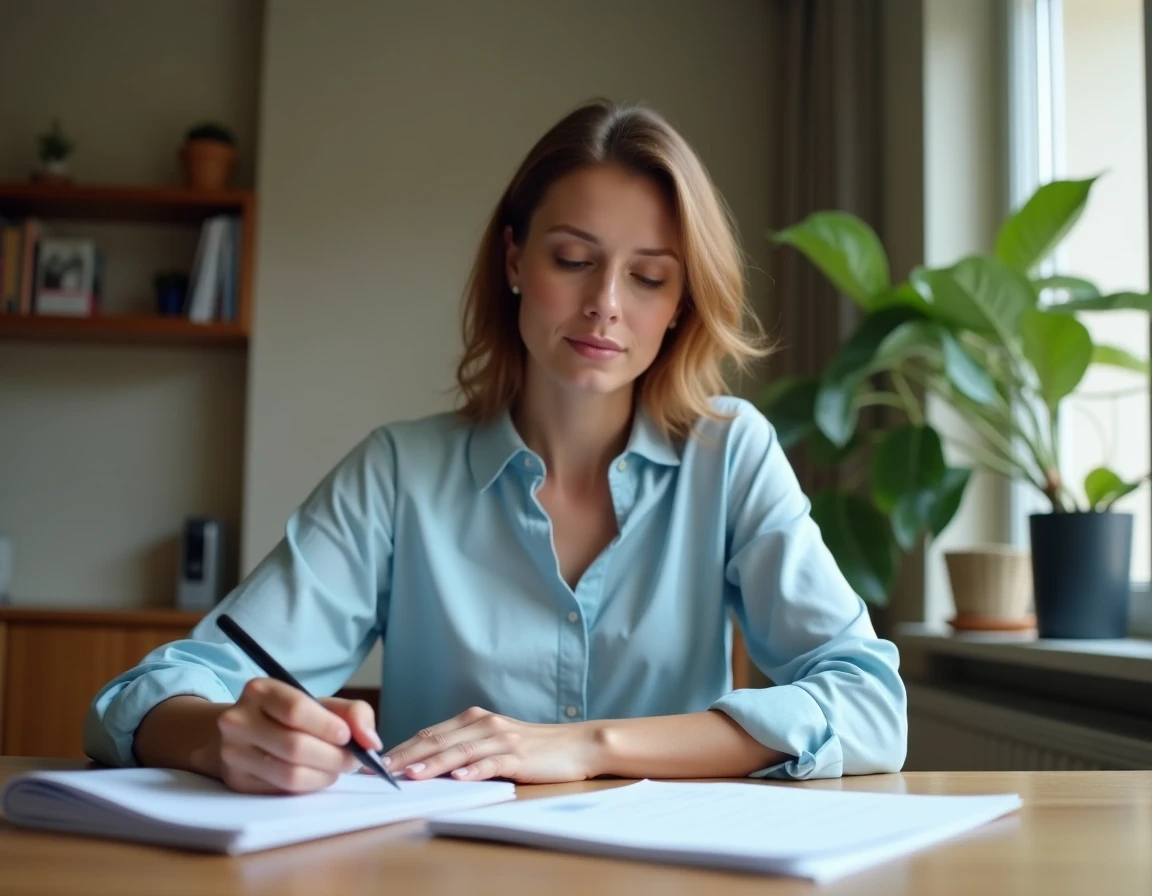 Jeune femme révisant les documents nécessaires pour une location avec garant à son bureau dans un appartement moderne