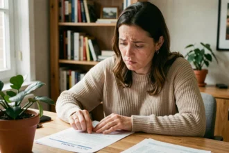 Femme consultant son dossier de demande de logement AL ni à son bureau à domicile