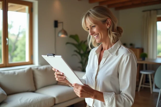 Femme d'âge moyen souriante avec un clipboard dans un salon moderne