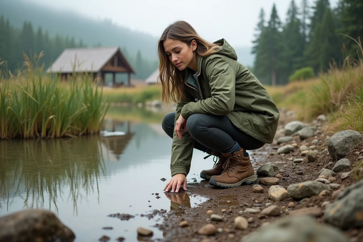 Jeune femme examinant le sol près d’un étang en pleine nature