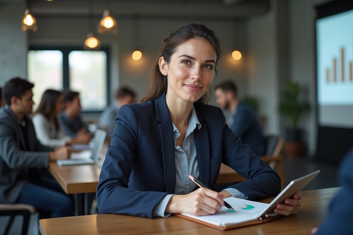 Femme en blazer marine prenant des notes lors d'une formation sur l'investissement immobilier dans un espace de coworking