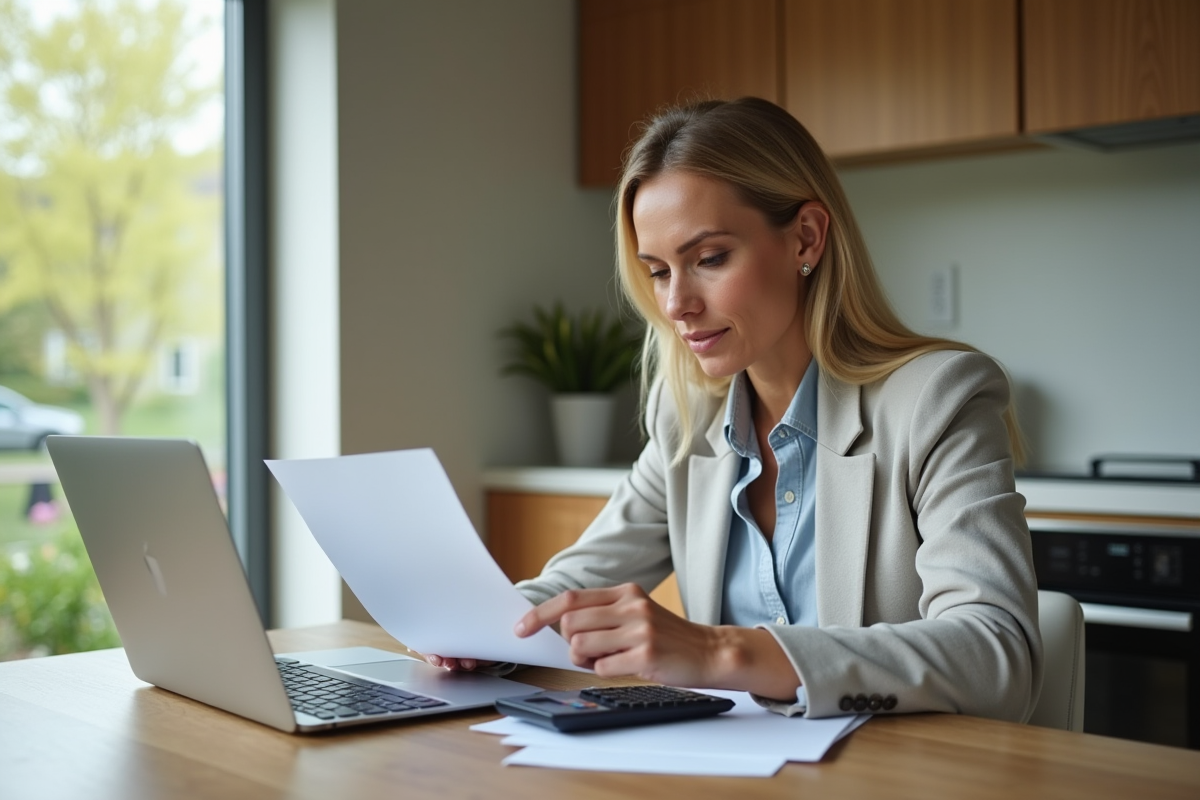 Femme d affaires examine ses papiers de budget à la maison