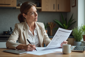 Femme d'âge moyen examine des documents dans un appartement