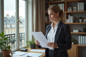 Femme d age moyen tenant documents de location et calculatrice