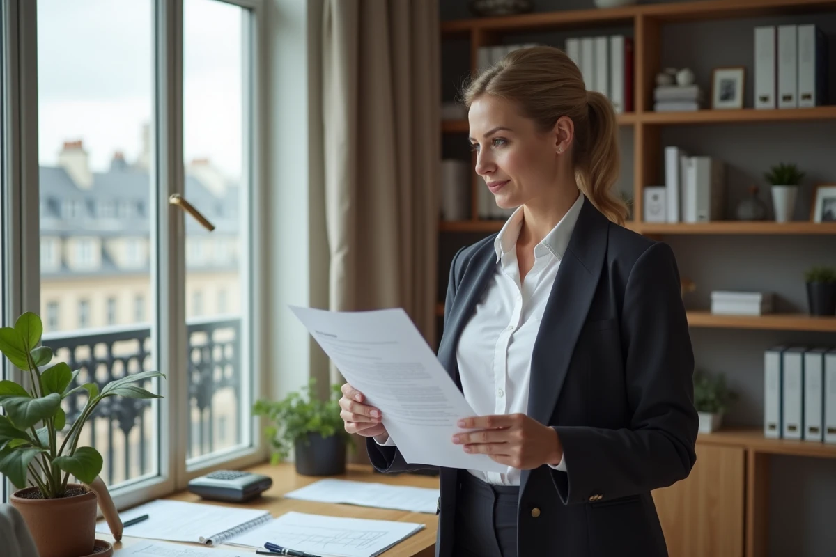 Femme d age moyen tenant documents de location et calculatrice