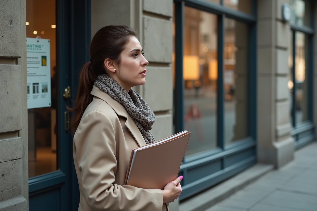 Jeune femme devant une agence immobiliere fermee