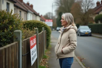 Femme regardant une annonce immobiliere devant une maison a SaintNazaire
