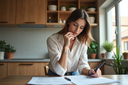 Femme en blouse regardant des documents immobiliers à la maison