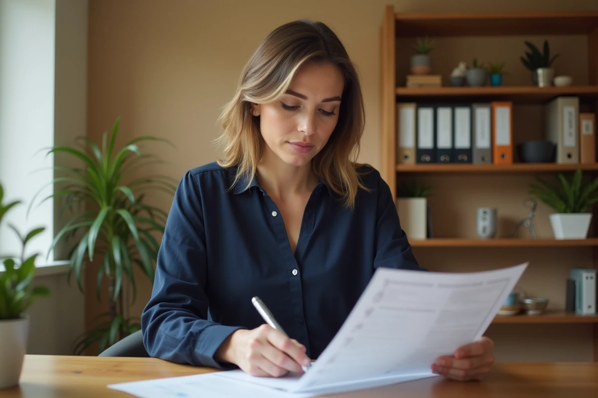 Femme consultant une liste de mobilier pour location meublée imprimée sur papier, stylo à la main, dans un bureau à domicile