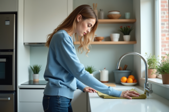 Jeune femme nettoyant un plan de cuisine moderne