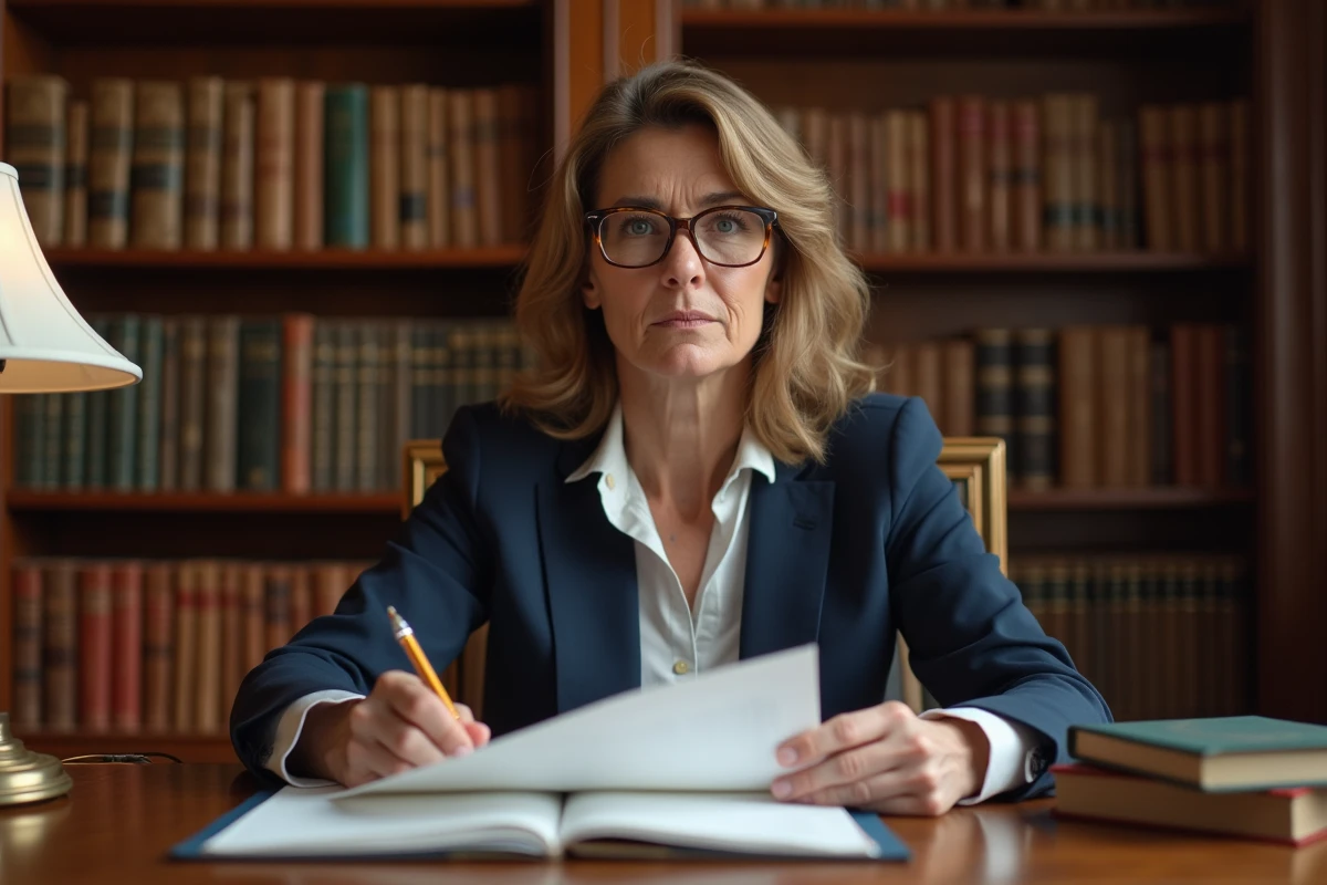 Femme consultant un acte notarié dans un bureau de notaire pour régler une succession en indivision