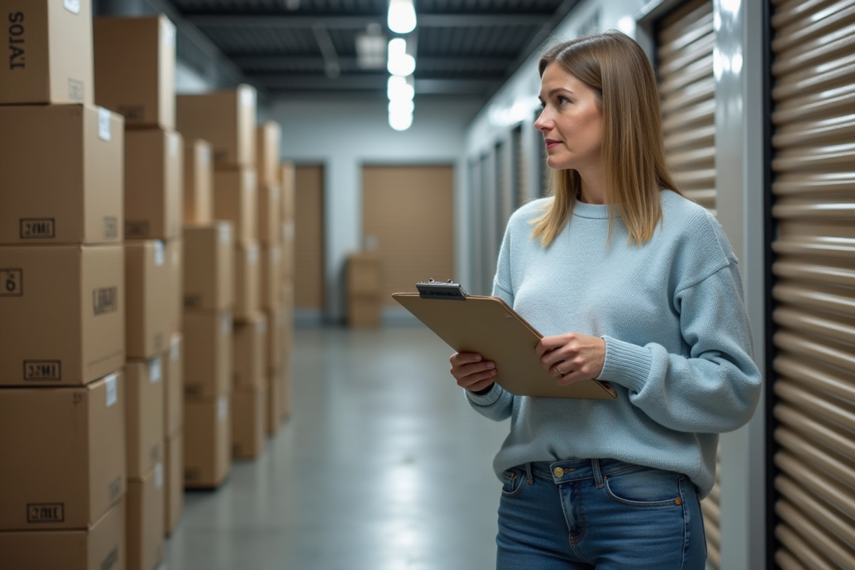 Femme d'âge moyen dans un centre de stockage moderne