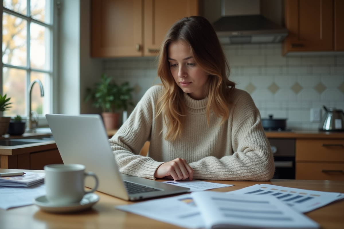 Jeune femme consulte ses papiers financiers à la maison