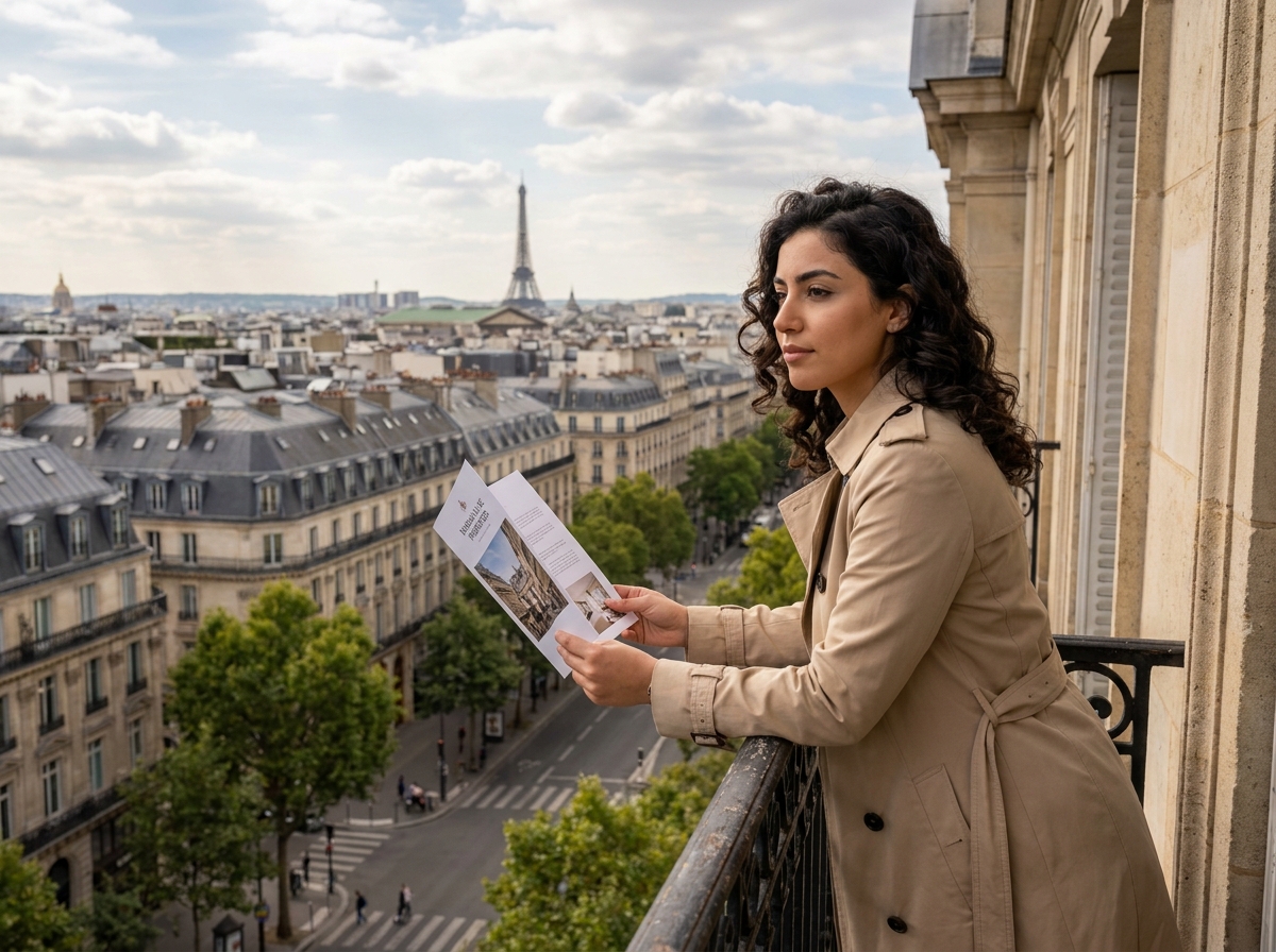 Jeune femme au trench sur un balcon parisien