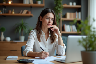 Femme d'affaires examinant des documents de prêt à la maison