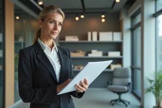 Femme d affaires examinant un document dans un bureau moderne