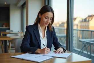 Femme professionnelle en réunion dans un appartement lyonnais