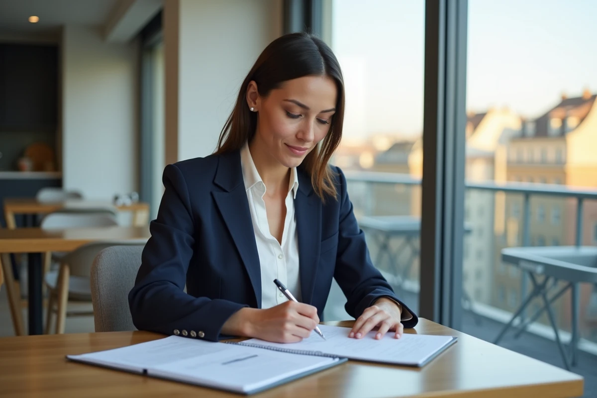Femme professionnelle en réunion dans un appartement lyonnais