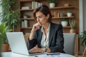 Femme professionnelle lisant des avis en ligne sur son ordinateur