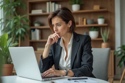 Femme professionnelle lisant des avis en ligne sur son ordinateur
