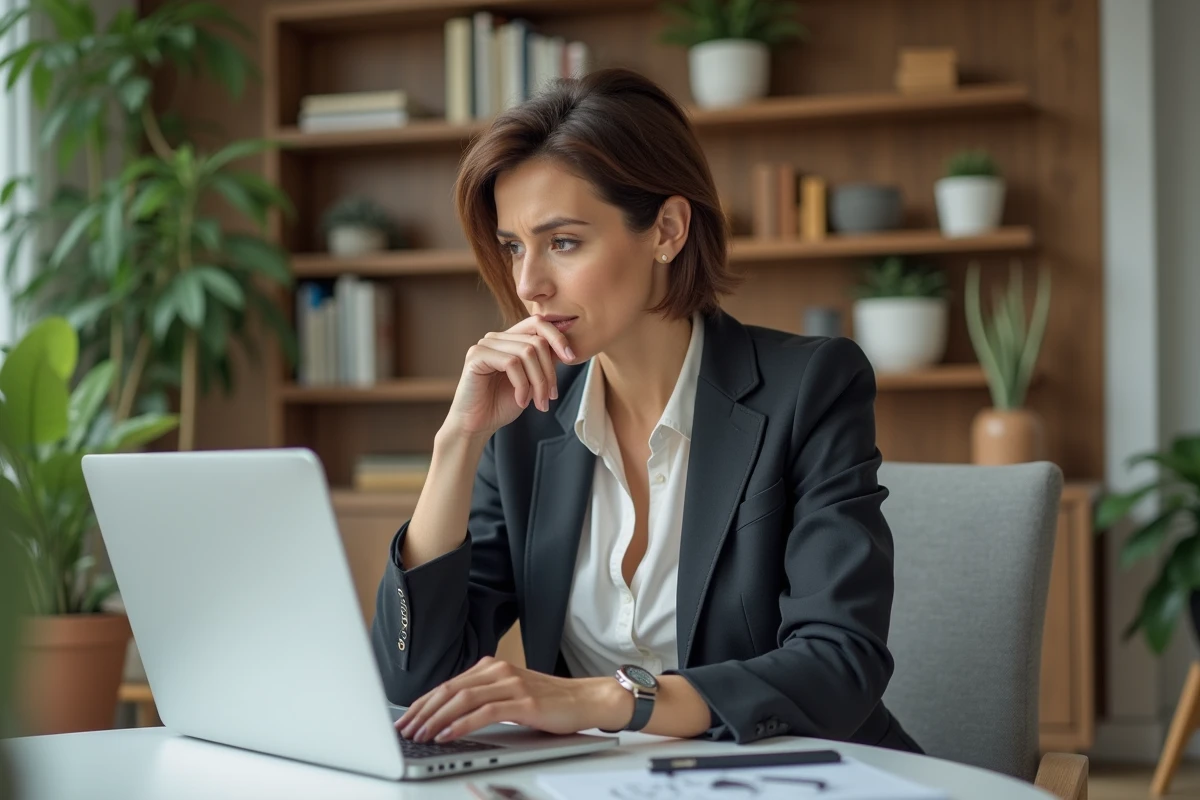 Femme professionnelle lisant des avis en ligne sur son ordinateur