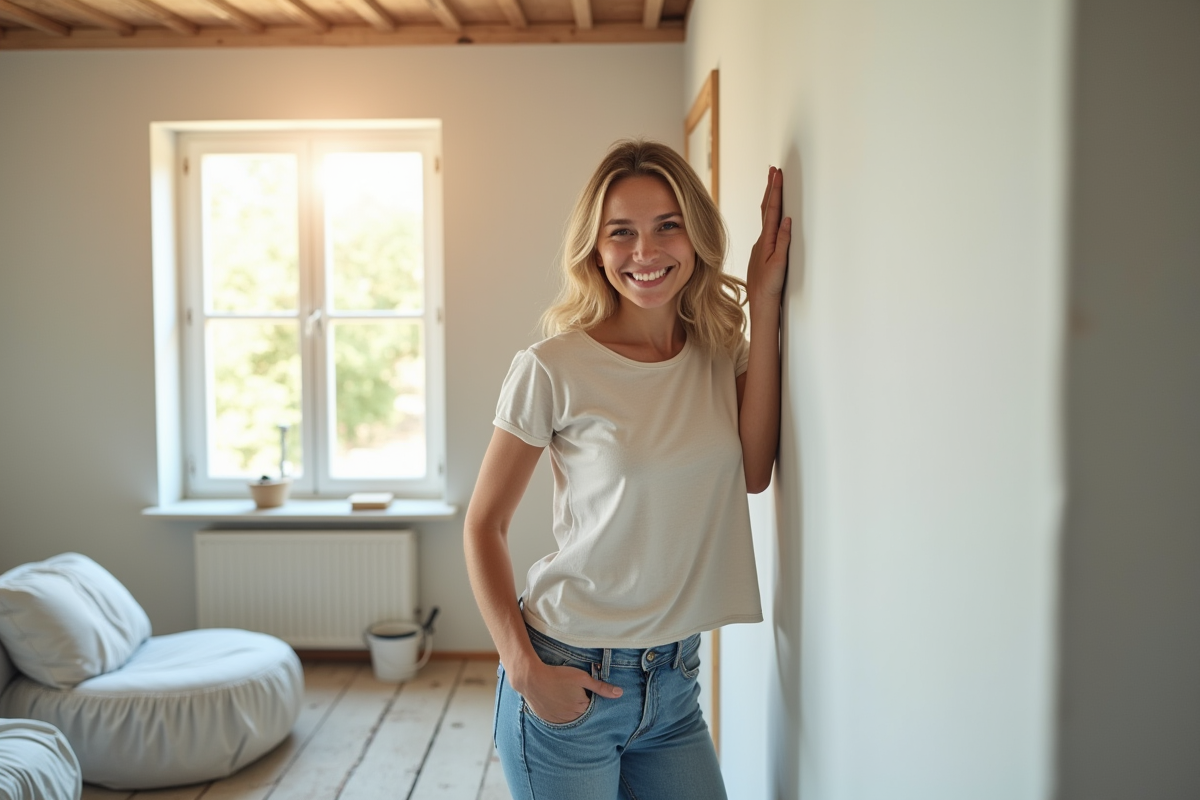 Jeune femme souriante touche un mur intérieur rénové