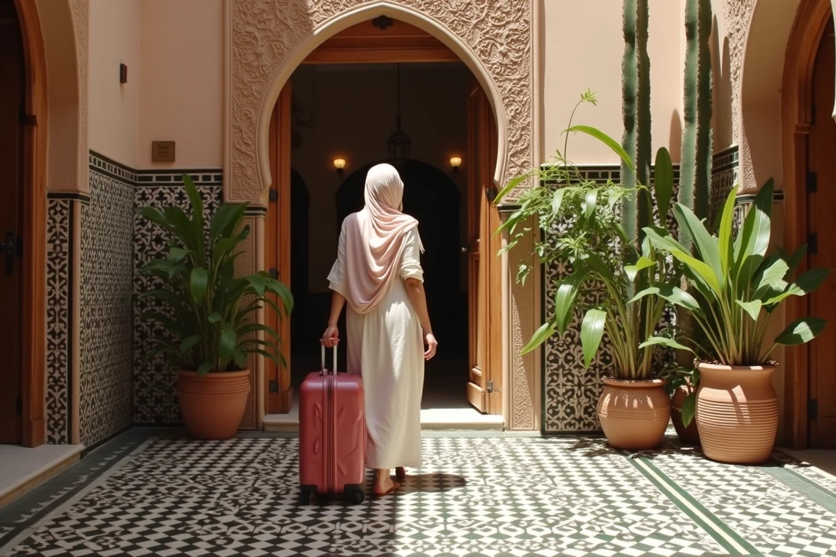 Jeune femme fermant une porte en quittant un riad à Essaouira
