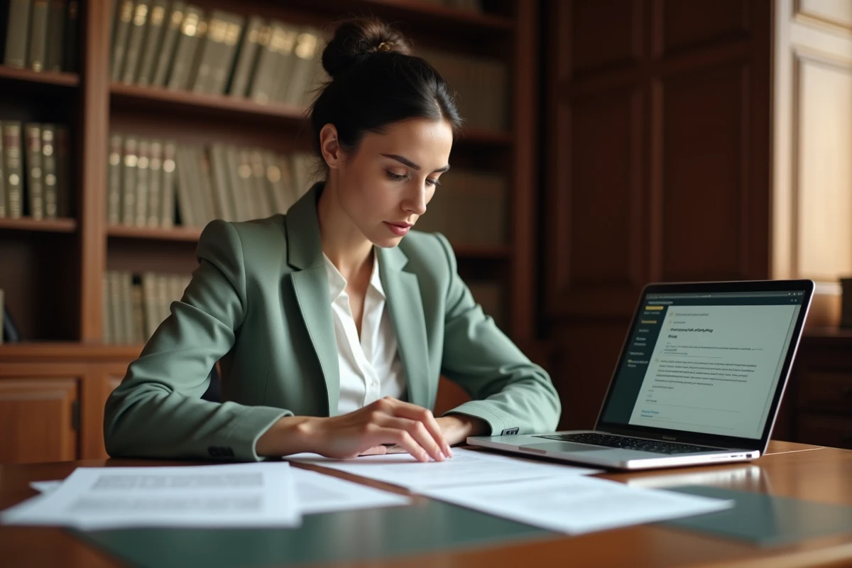 Femme consultant le registre foncier dans un bureau notarial pour identifier le propriétaire d'une parcelle