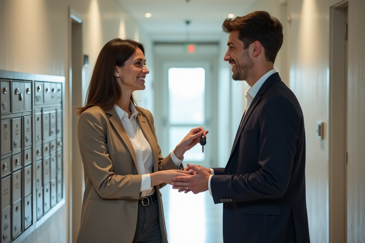Femme remettant des clés à un jeune homme dans un hall d