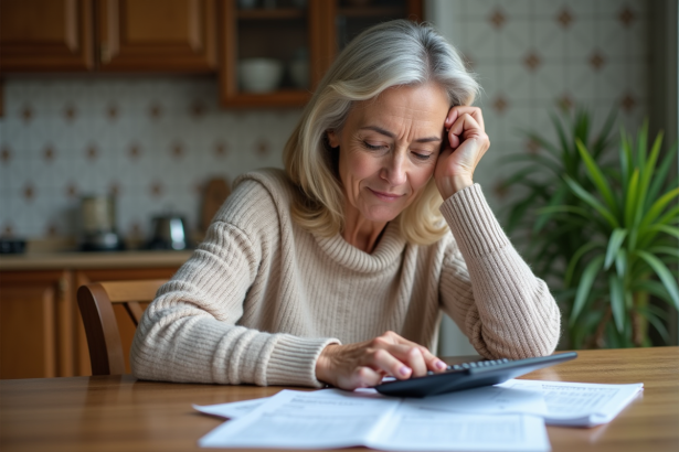 Femme d'âge moyen examine une facture d'impôts dans la cuisine