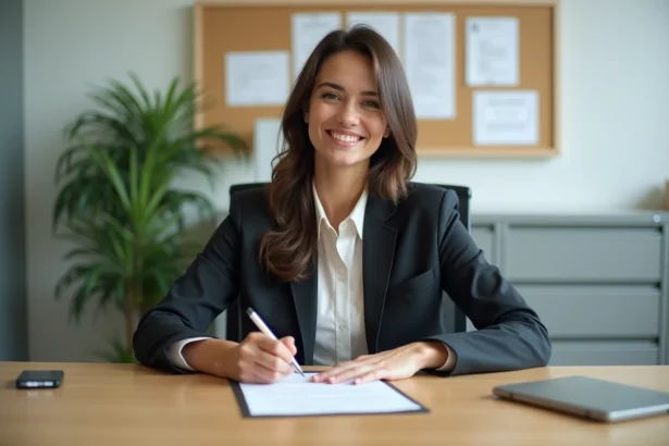 Femme en tenue professionnelle signant un document officiel