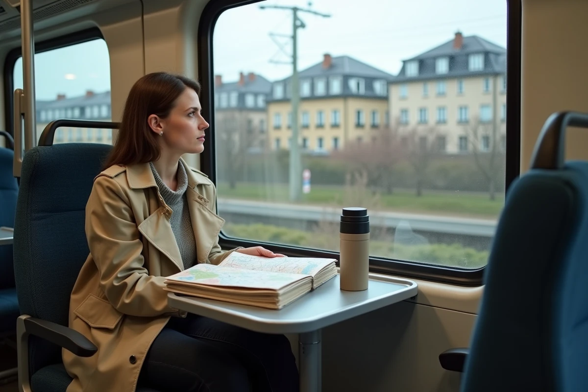 Femme en imperméable beige dans un RER regardant le paysage de banlieue parisienne avec une carte Île-de-France sur la tablette