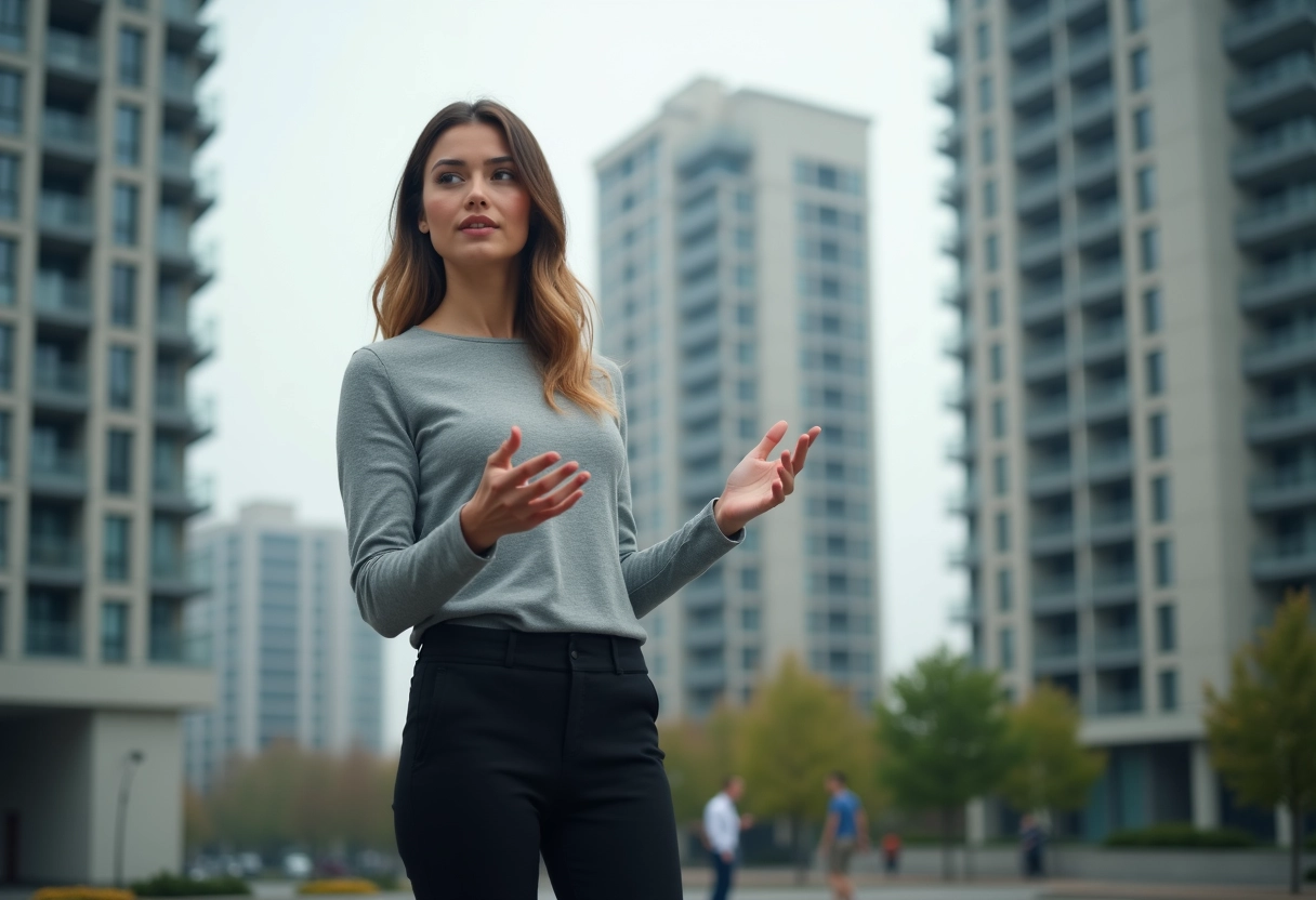 Jeune femme professionnelle expliquant devant immeubles