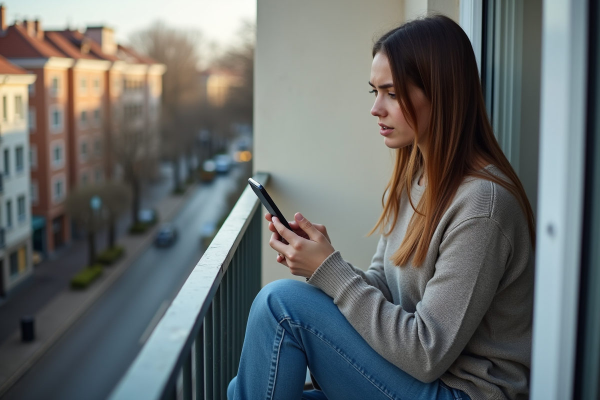 Jeune femme vérifiant ses finances sur smartphone en balcon urbain