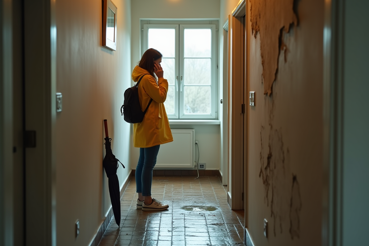 Jeune femme en imperméable vérifie une fuite d