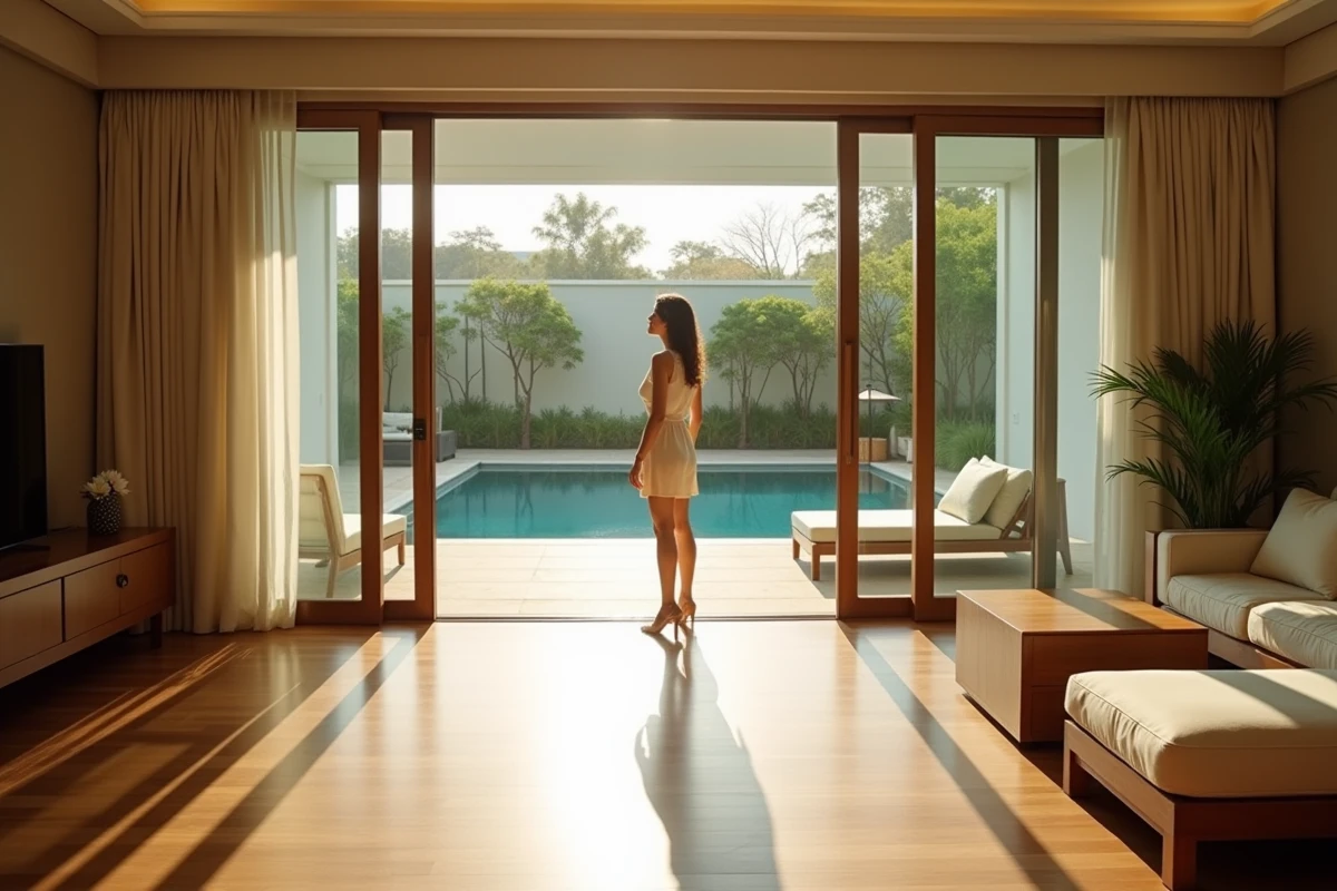 Jeune femme dans salon lumineux regardant la piscine