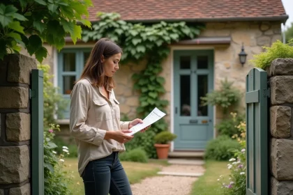 Femme examinant une petite maison avec jardin à louer dans l'Eure, tenant des annonces immobilières devant la façade en pierre