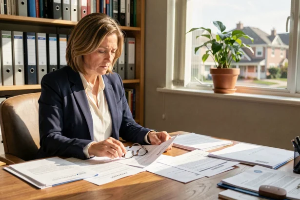 Fonctionnaire en tenue professionnelle consultant des documents d'assurance habitation à son bureau à domicile
