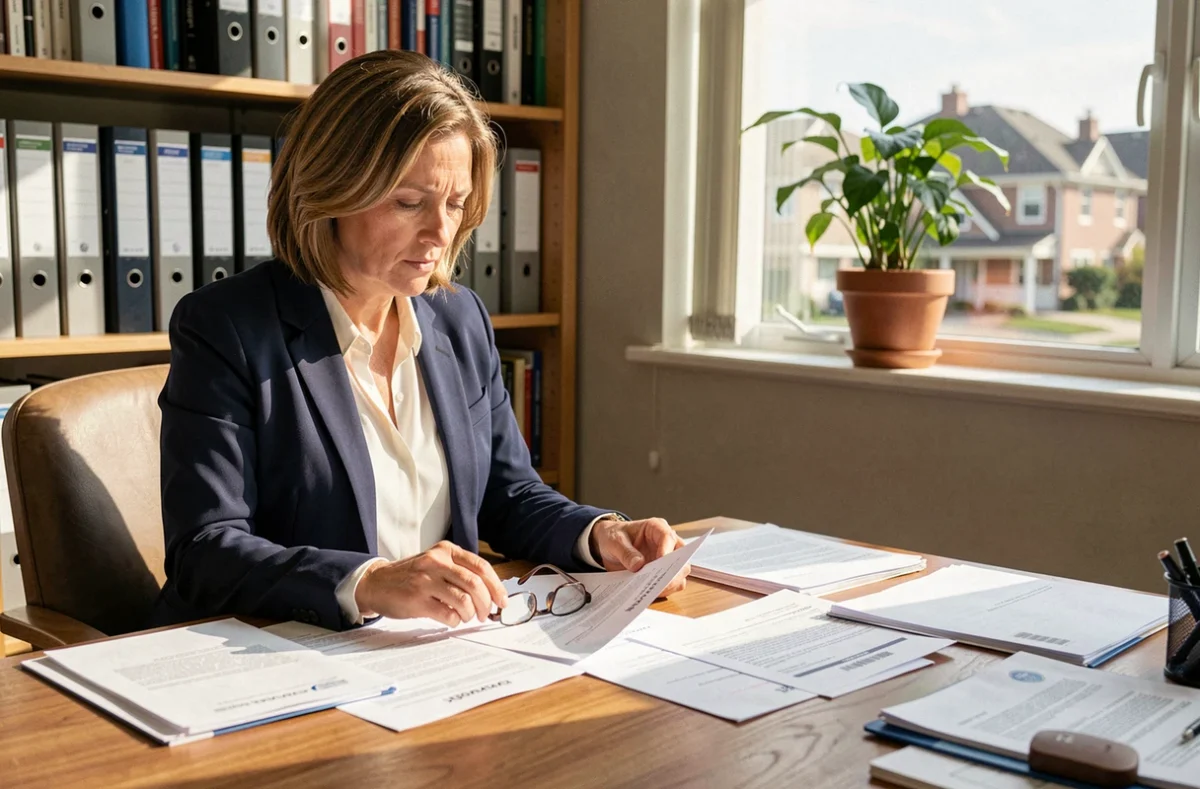 Fonctionnaire en tenue professionnelle consultant des documents d'assurance habitation à son bureau à domicile