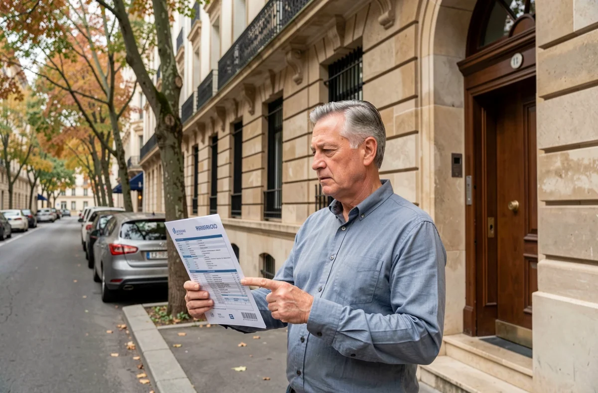 Fonctionnaire devant un immeuble résidentiel tenant une brochure d'assurance habitation avantageuse