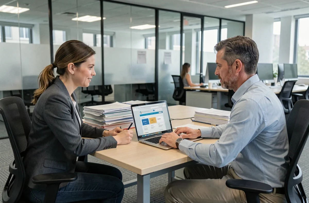 Deux fonctionnaires comparant des offres d'assurance habitation sur un ordinateur portable en milieu professionnel