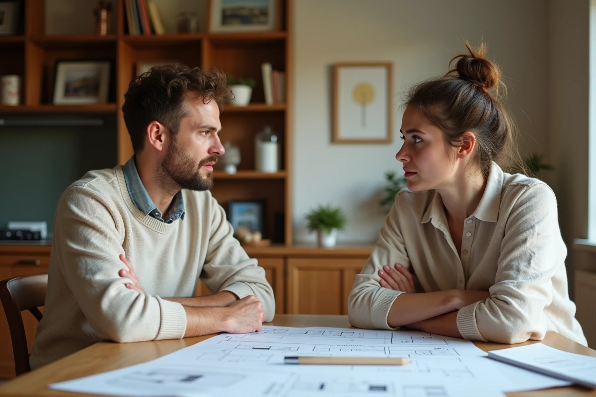 Frère et sœur en discussion tendue autour de documents immobiliers pour une maison en indivision